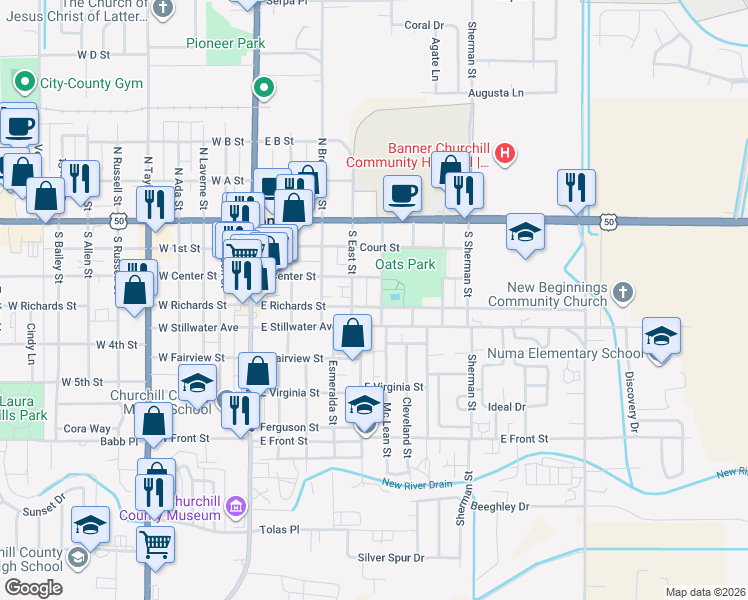 map of restaurants, bars, coffee shops, grocery stores, and more near 388 East Center Street in Fallon