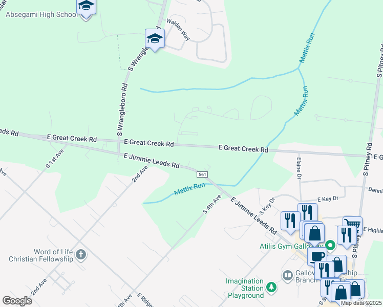 map of restaurants, bars, coffee shops, grocery stores, and more near 222 East Great Creek Road in Galloway