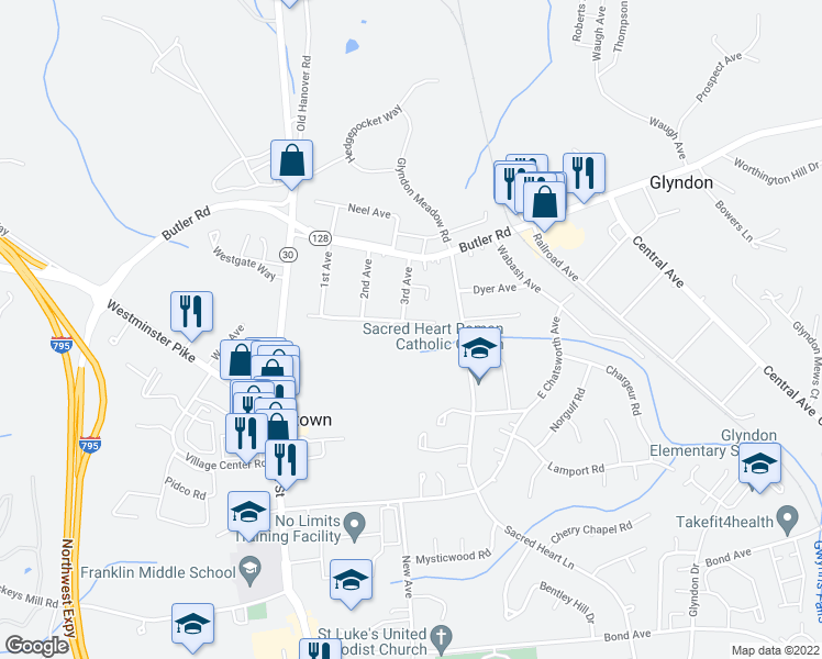 map of restaurants, bars, coffee shops, grocery stores, and more near 300 Hammond Avenue in Reisterstown