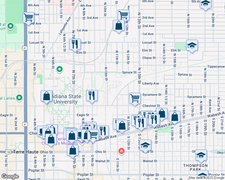 map of restaurants, bars, coffee shops, grocery stores, and more near 415 North 10th Street in Terre Haute