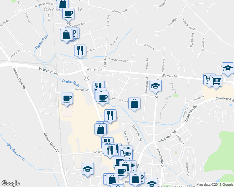 map of restaurants, bars, coffee shops, grocery stores, and more near 23 Sunnyvale Court in Cockeysville