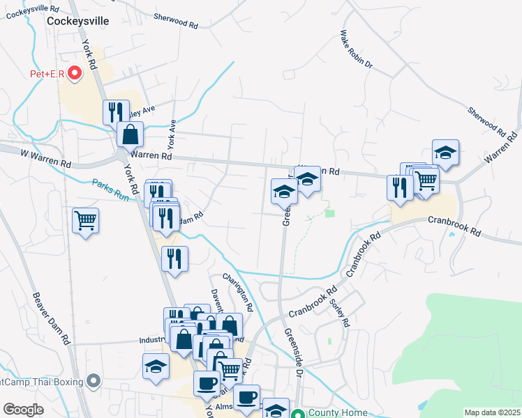 map of restaurants, bars, coffee shops, grocery stores, and more near 10408 Greentop Road in Cockeysville