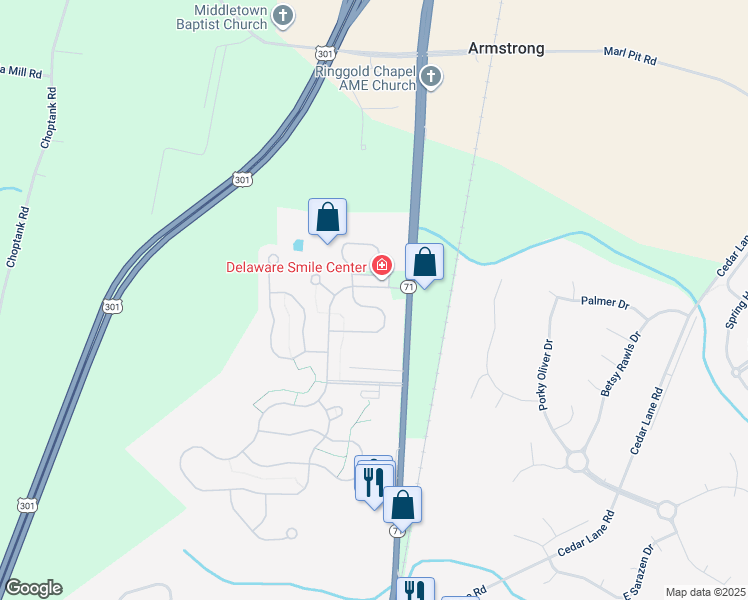 map of restaurants, bars, coffee shops, grocery stores, and more near 201 Patience Way in Middletown