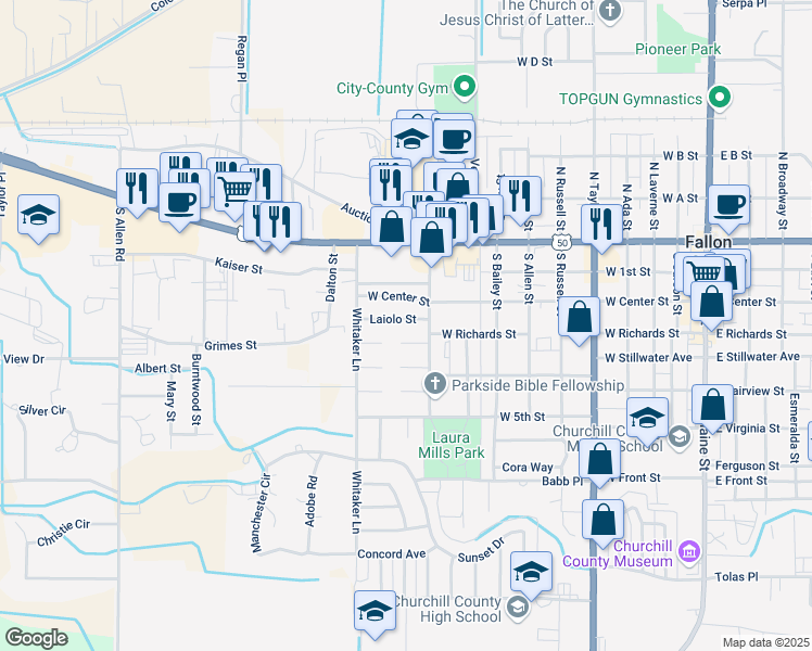 map of restaurants, bars, coffee shops, grocery stores, and more near 981 Laiolo Street in Fallon