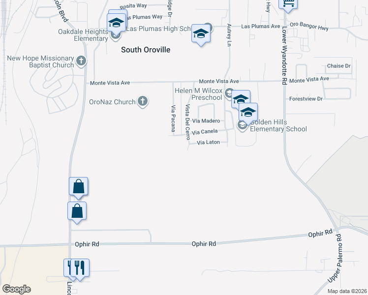 map of restaurants, bars, coffee shops, grocery stores, and more near 5824 Vista Del Cerro in Oroville