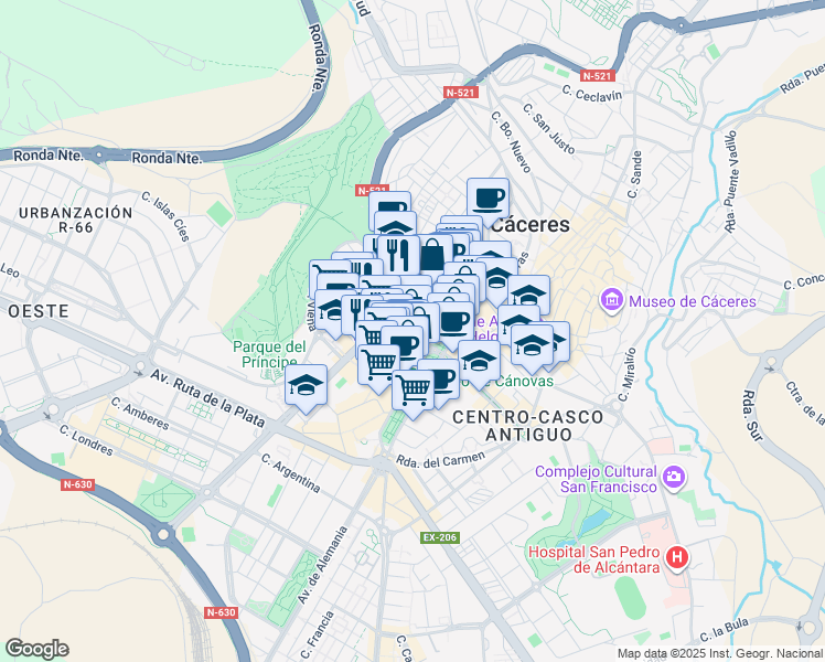 map of restaurants, bars, coffee shops, grocery stores, and more near 2 Avenida Clara Campoamor in Cáceres