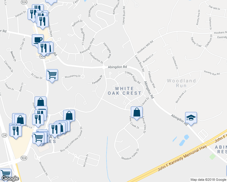 map of restaurants, bars, coffee shops, grocery stores, and more near 3234 Rock Creek Court in Abingdon