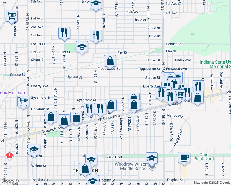 map of restaurants, bars, coffee shops, grocery stores, and more near 2124 Cleveland Avenue in Terre Haute