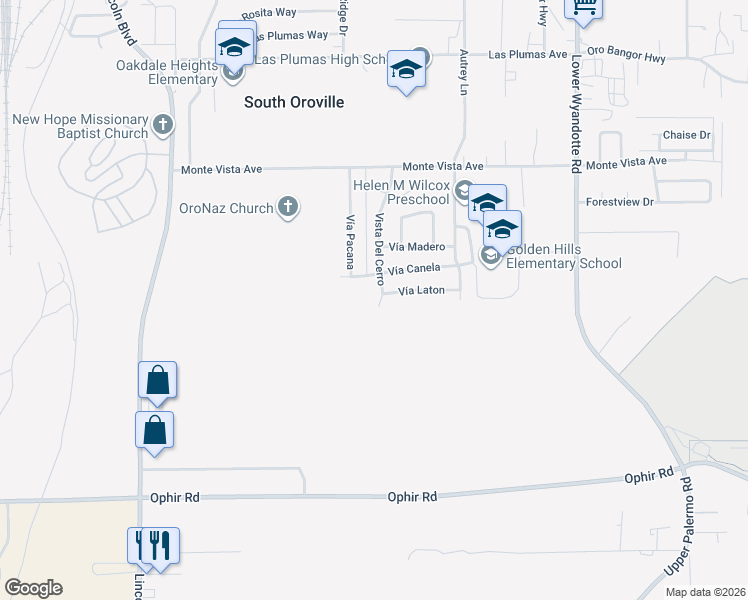 map of restaurants, bars, coffee shops, grocery stores, and more near 5824 Vista Del Cerro in Oroville