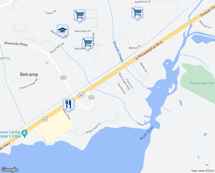 map of restaurants, bars, coffee shops, grocery stores, and more near 4635 Harrier Way in Belcamp