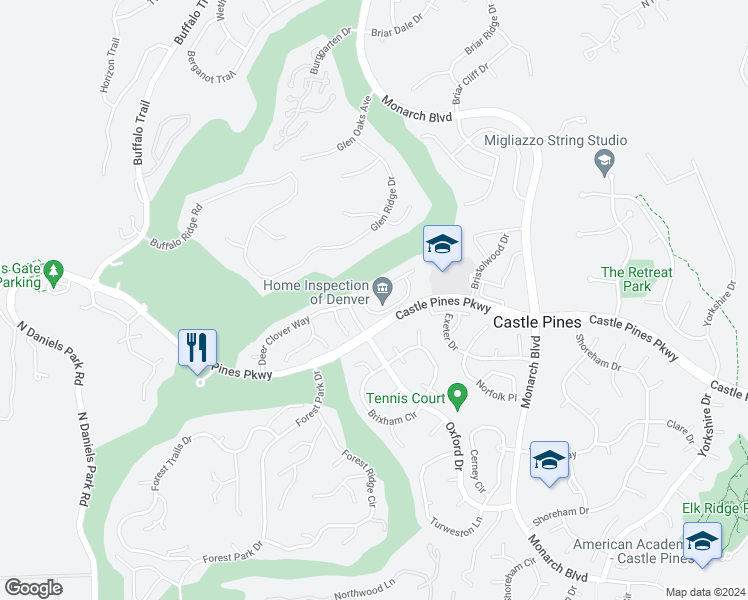 map of restaurants, bars, coffee shops, grocery stores, and more near 828 Deer Clover Way in Castle Rock