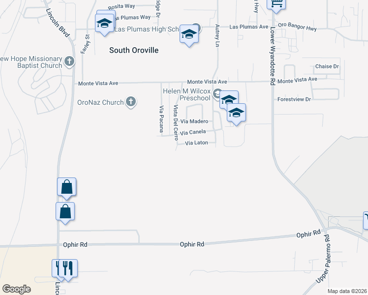map of restaurants, bars, coffee shops, grocery stores, and more near 5814 Vista Del Cerro in Oroville