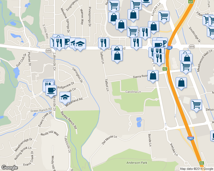 map of restaurants, bars, coffee shops, grocery stores, and more near 6001 Talbot Lane in Reno