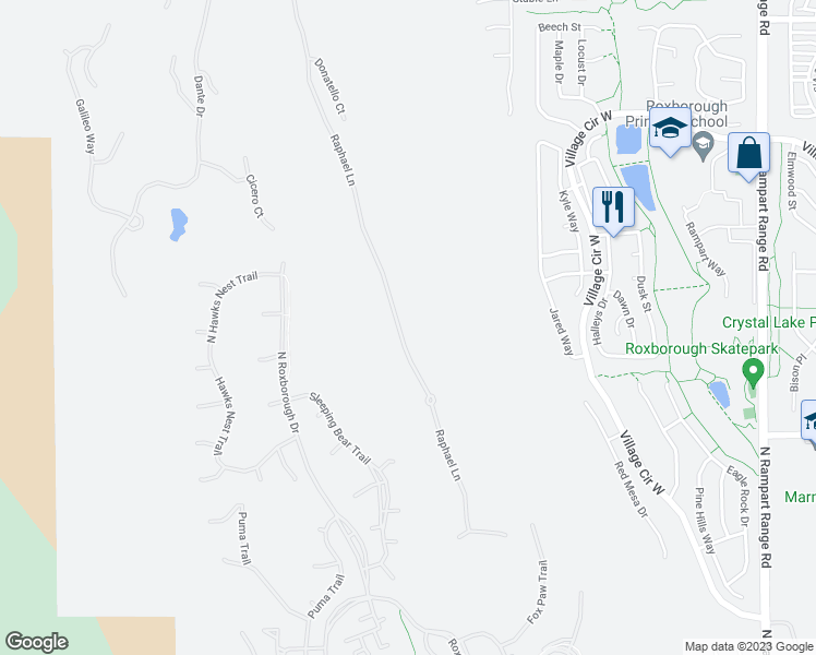 map of restaurants, bars, coffee shops, grocery stores, and more near 7608 Raphael Lane in Littleton