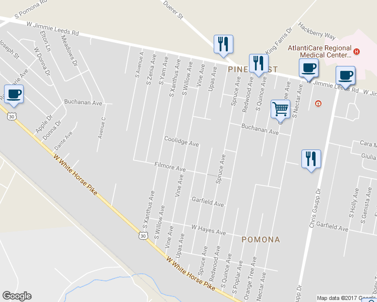 map of restaurants, bars, coffee shops, grocery stores, and more near 414 Vine Avenue in Galloway