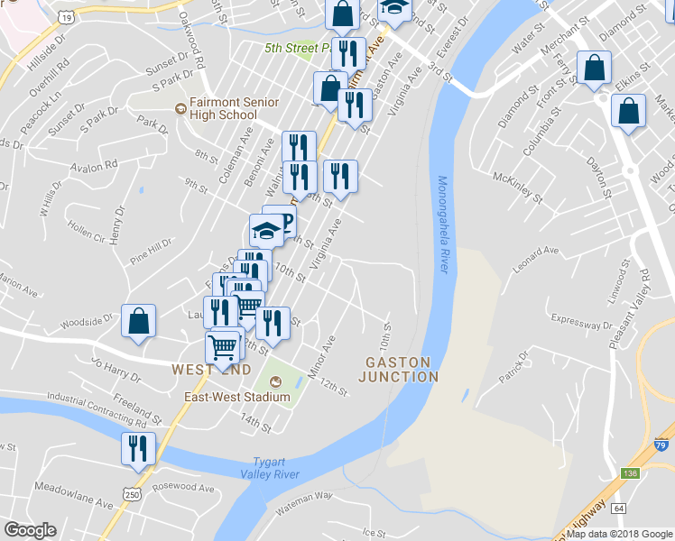 map of restaurants, bars, coffee shops, grocery stores, and more near 911 Chamberlain Avenue in Fairmont