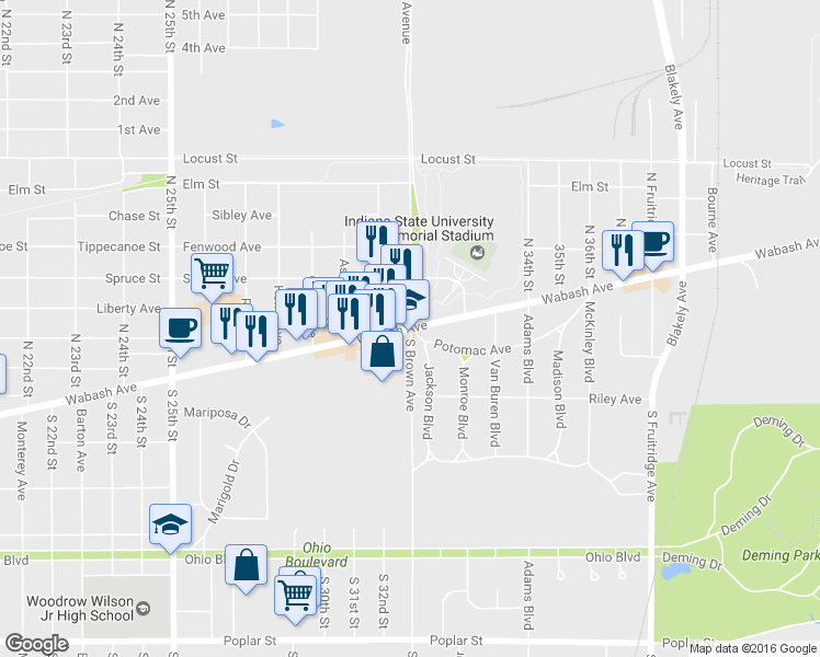 map of restaurants, bars, coffee shops, grocery stores, and more near 55 South Brown Avenue in Terre Haute