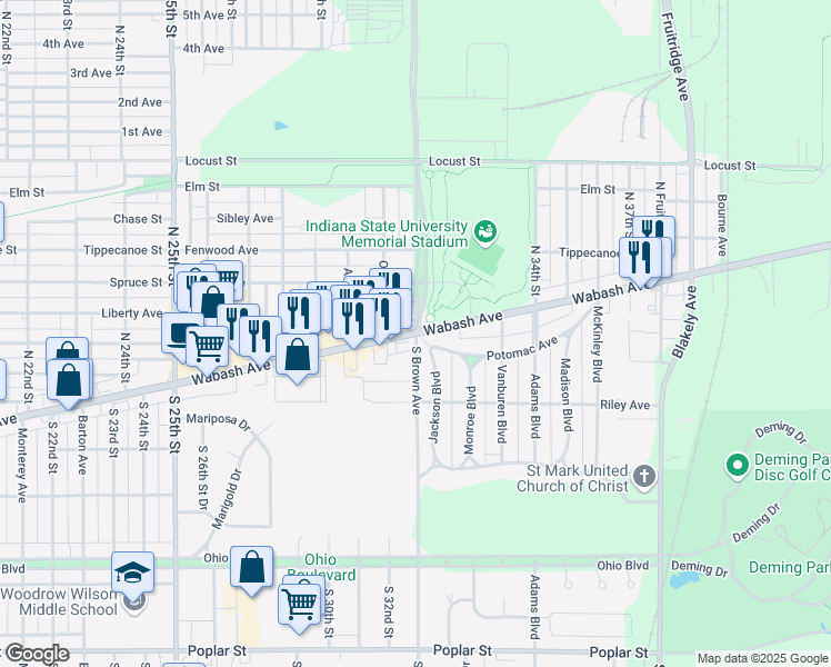 map of restaurants, bars, coffee shops, grocery stores, and more near 55 South Brown Avenue in Terre Haute