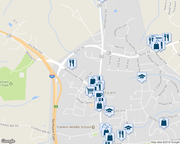 map of restaurants, bars, coffee shops, grocery stores, and more near 15 Wolf Avenue in Reisterstown