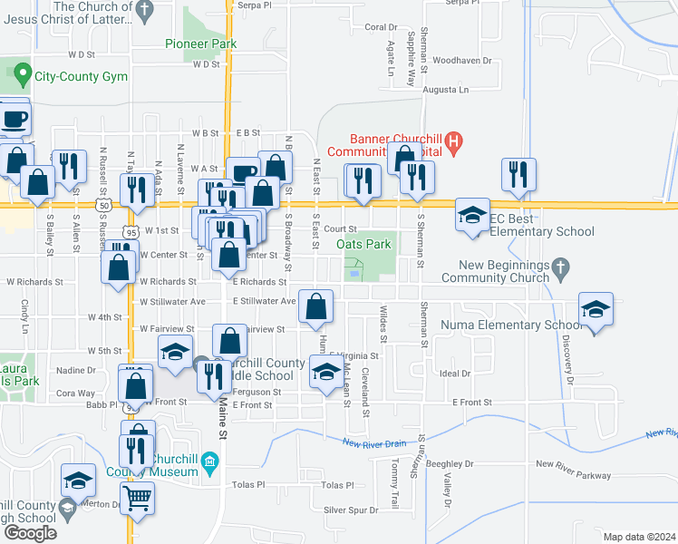 map of restaurants, bars, coffee shops, grocery stores, and more near 388 East Center Street in Fallon