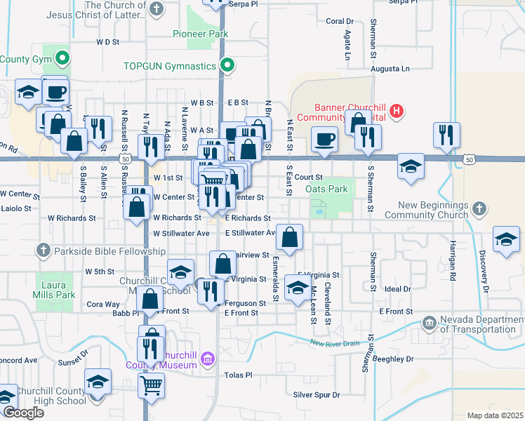 map of restaurants, bars, coffee shops, grocery stores, and more near 260 S Broadway St in Fallon