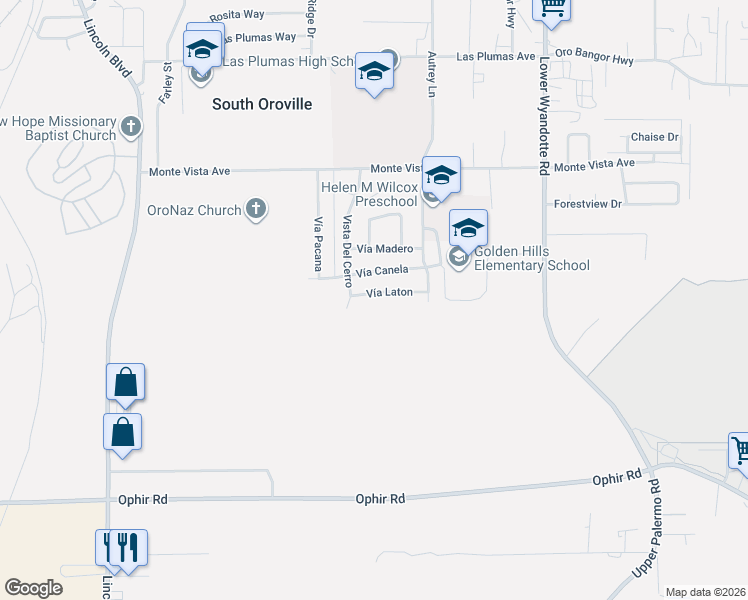 map of restaurants, bars, coffee shops, grocery stores, and more near 2348 Vía Laton in Oroville