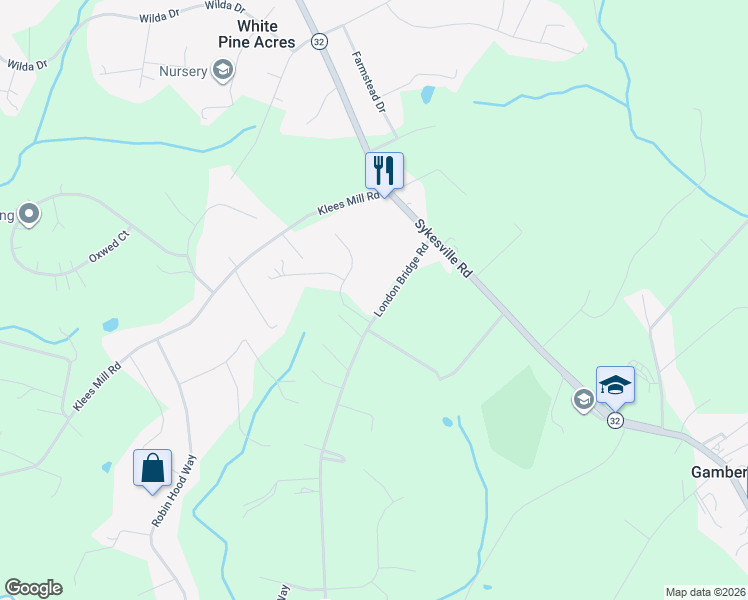 map of restaurants, bars, coffee shops, grocery stores, and more near 3754 London Bridge Road in Sykesville