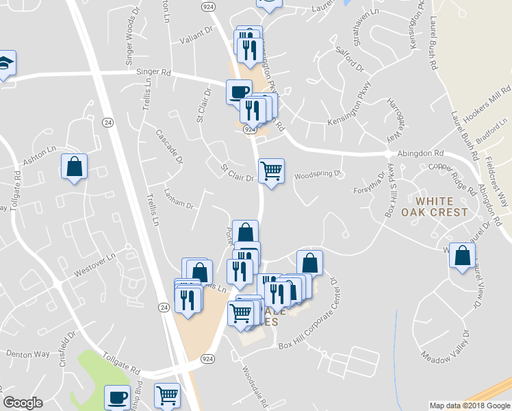 map of restaurants, bars, coffee shops, grocery stores, and more near 3300 Emmorton Road in Abingdon