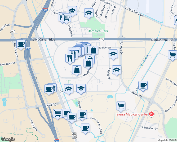 map of restaurants, bars, coffee shops, grocery stores, and more near 5525 Meadowood Mall Circle in Reno