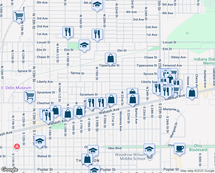 map of restaurants, bars, coffee shops, grocery stores, and more near 334 North 21st Street in Terre Haute