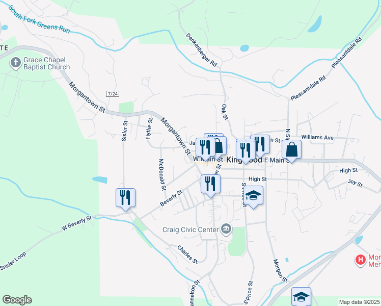 map of restaurants, bars, coffee shops, grocery stores, and more near 200 Morgantown Street in Kingwood