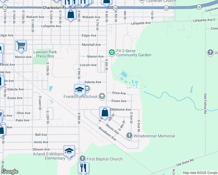 map of restaurants, bars, coffee shops, grocery stores, and more near 924-1098 South 6th Street in Mattoon