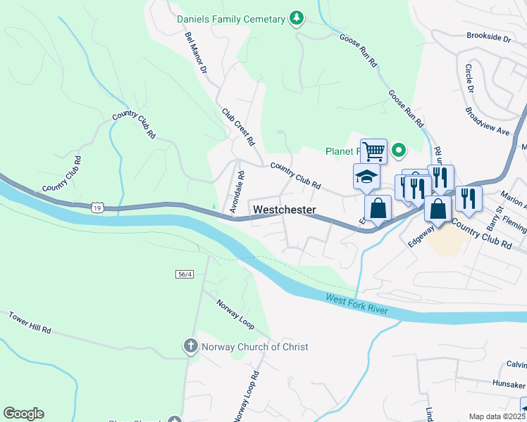 map of restaurants, bars, coffee shops, grocery stores, and more near 1917 Hickory Avenue in Fairmont