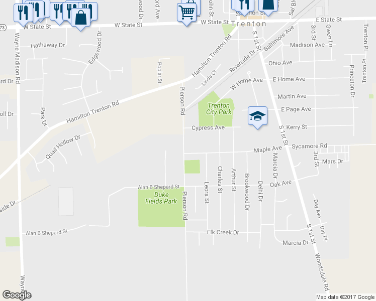 map of restaurants, bars, coffee shops, grocery stores, and more near 714 Pierson Road in Trenton