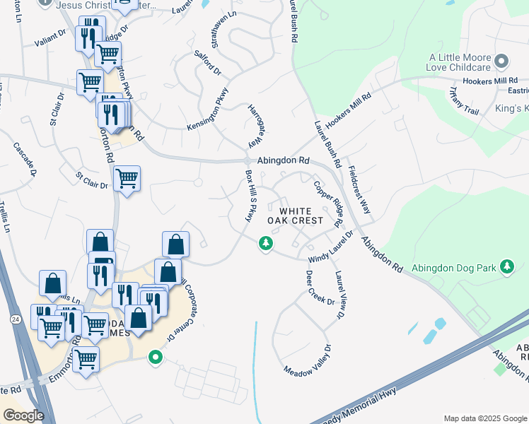 map of restaurants, bars, coffee shops, grocery stores, and more near 3228 Rock Creek Court in Abingdon