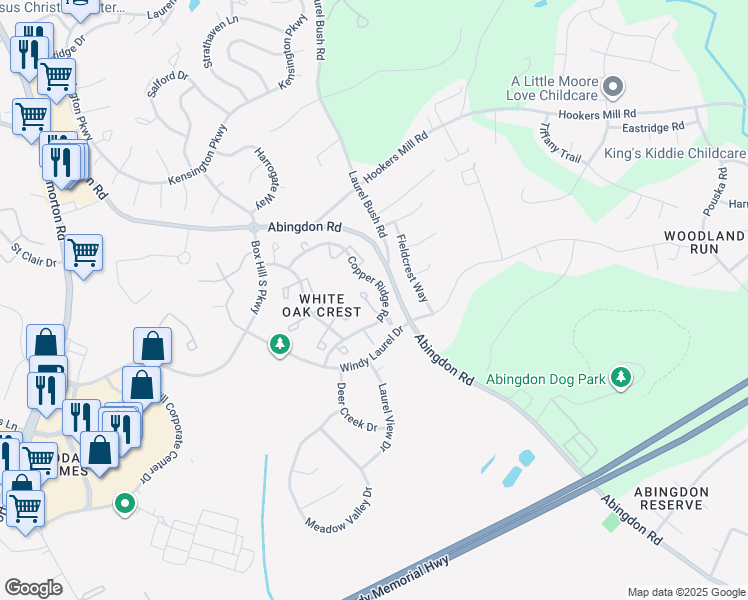 map of restaurants, bars, coffee shops, grocery stores, and more near 3308 Raccoon Court in Abingdon