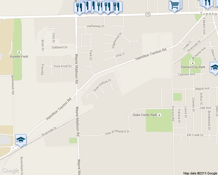 map of restaurants, bars, coffee shops, grocery stores, and more near 207 Blue Quail Place in Trenton