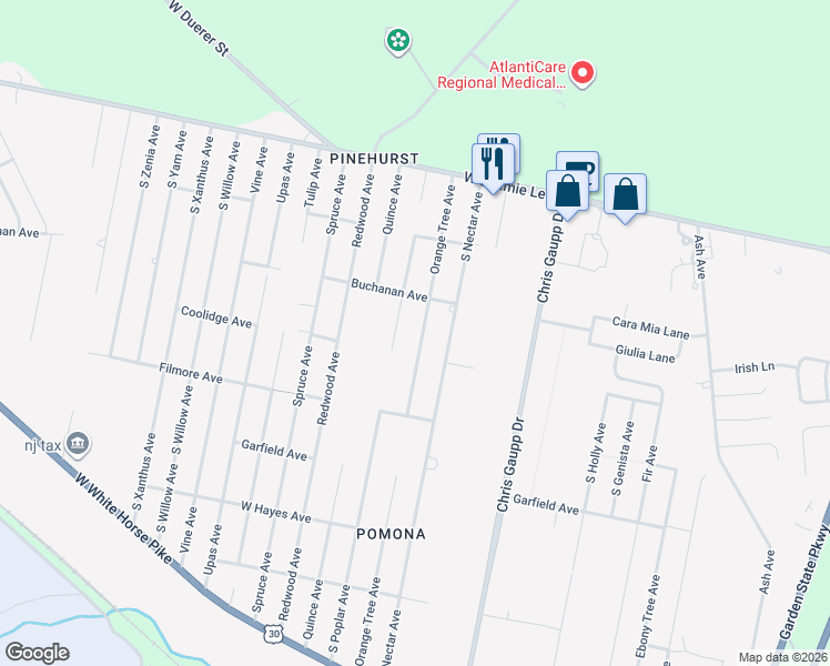 map of restaurants, bars, coffee shops, grocery stores, and more near 411 Orange Tree Avenue in Galloway