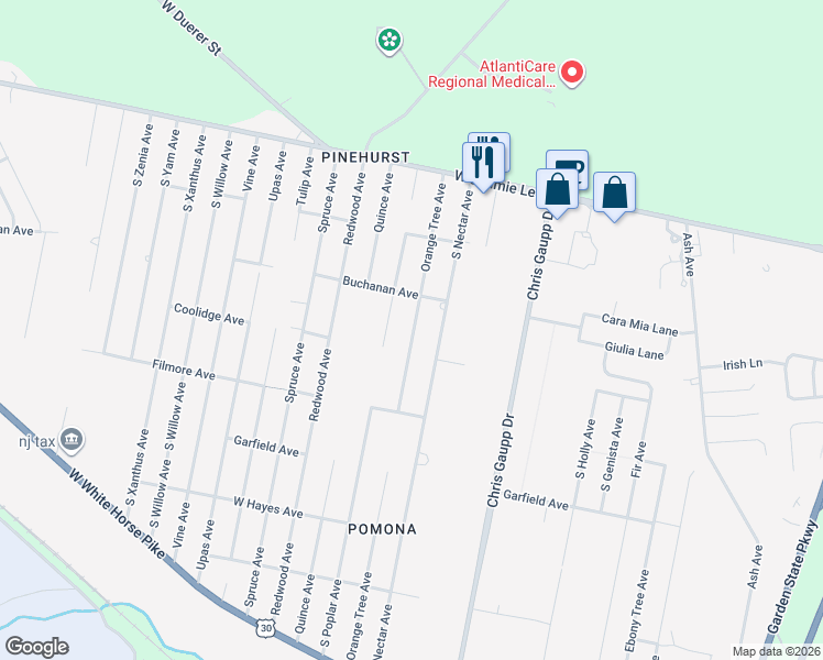 map of restaurants, bars, coffee shops, grocery stores, and more near 411 Orange Tree Avenue in Galloway