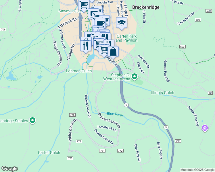 map of restaurants, bars, coffee shops, grocery stores, and more near 113 Village Point Drive in Breckenridge