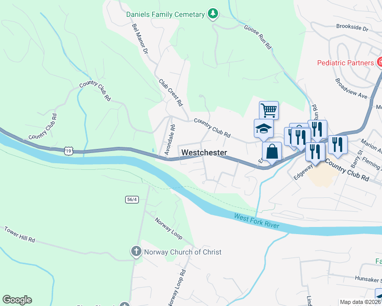 map of restaurants, bars, coffee shops, grocery stores, and more near 1909 Locust Avenue in Fairmont