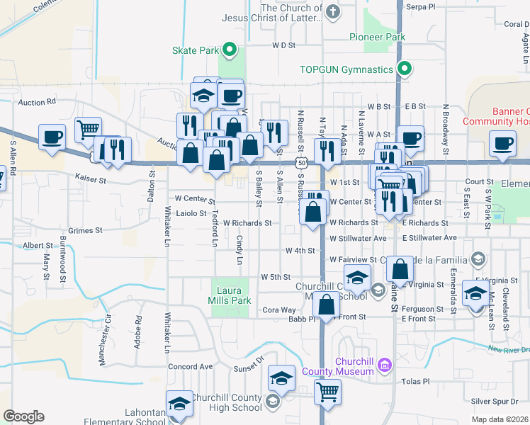 map of restaurants, bars, coffee shops, grocery stores, and more near 235 S Bailey St in Fallon