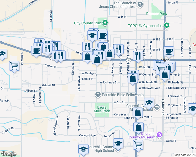map of restaurants, bars, coffee shops, grocery stores, and more near 251 Tedford Lane in Fallon