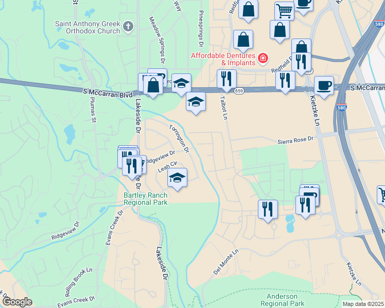 map of restaurants, bars, coffee shops, grocery stores, and more near 6124 Torrington Drive in Reno