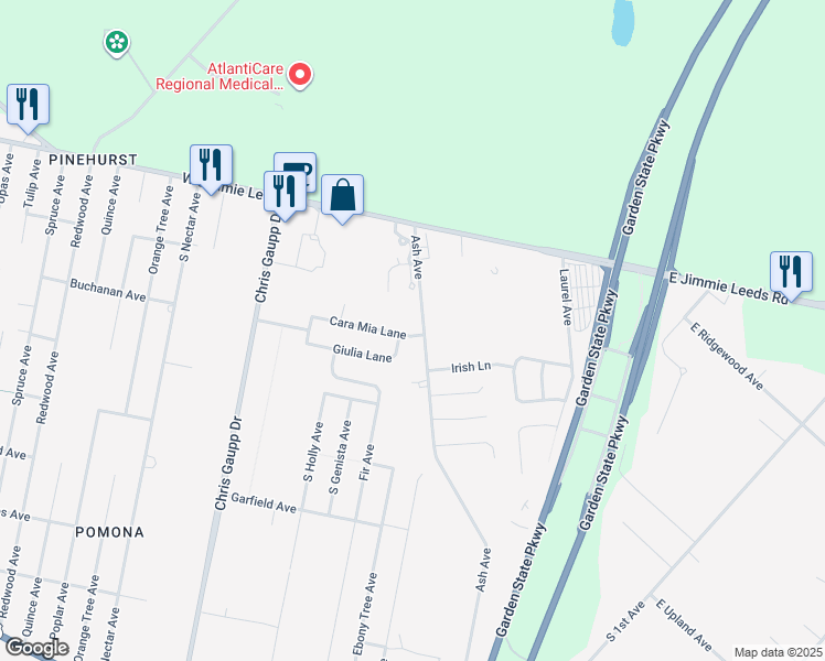 map of restaurants, bars, coffee shops, grocery stores, and more near 119 Cara Mia Lane in Galloway