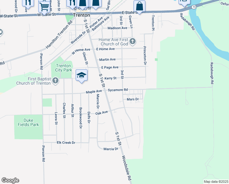 map of restaurants, bars, coffee shops, grocery stores, and more near 305 Sycamore Road in Trenton