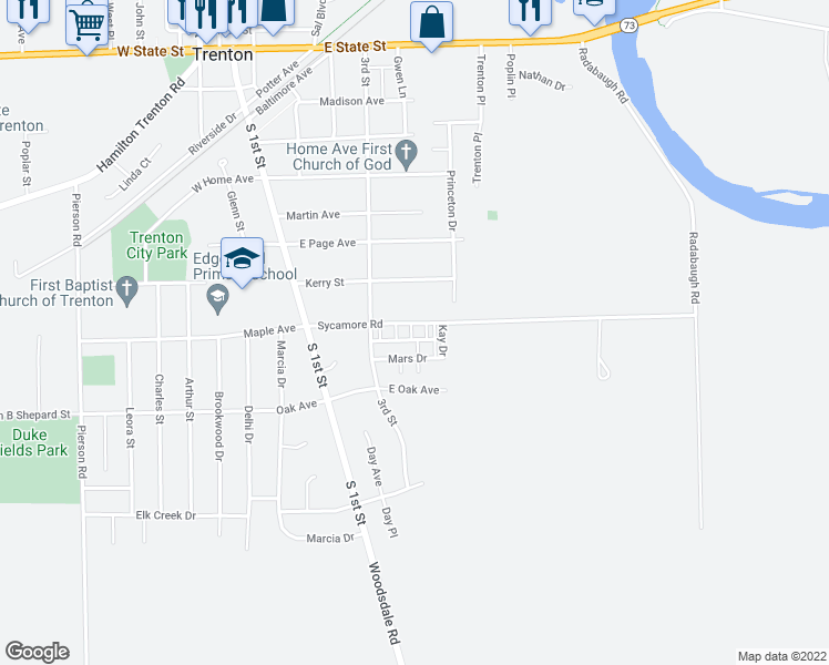 map of restaurants, bars, coffee shops, grocery stores, and more near 411 Sycamore Road in Trenton