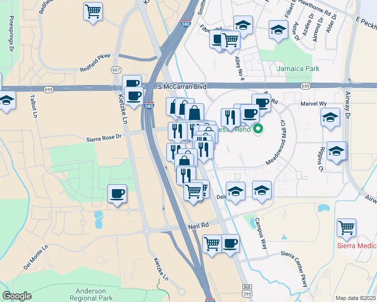 map of restaurants, bars, coffee shops, grocery stores, and more near 5865 South Virginia Street in Reno
