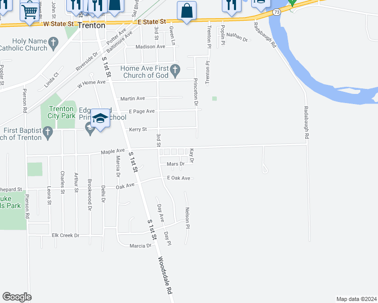 map of restaurants, bars, coffee shops, grocery stores, and more near 413 Sycamore Road in Trenton