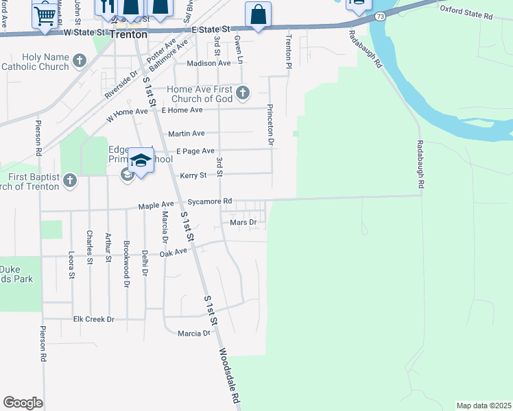 map of restaurants, bars, coffee shops, grocery stores, and more near 413 Sycamore Road in Trenton